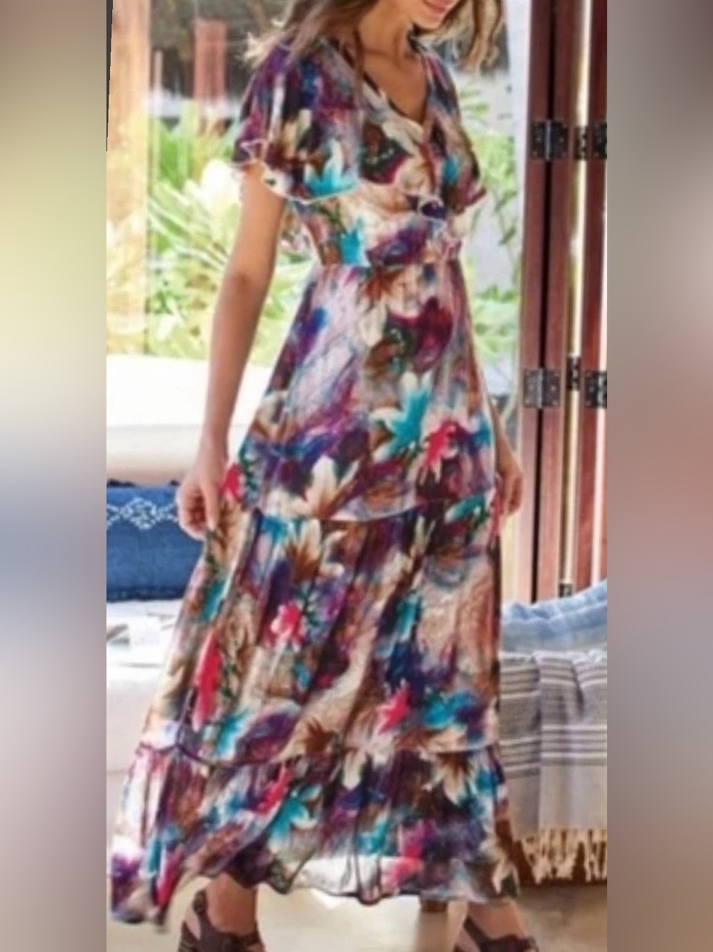 Soft Surroundings Medium Tiered Maxi Dress Multicolor Floral Ruffle Lightweight
